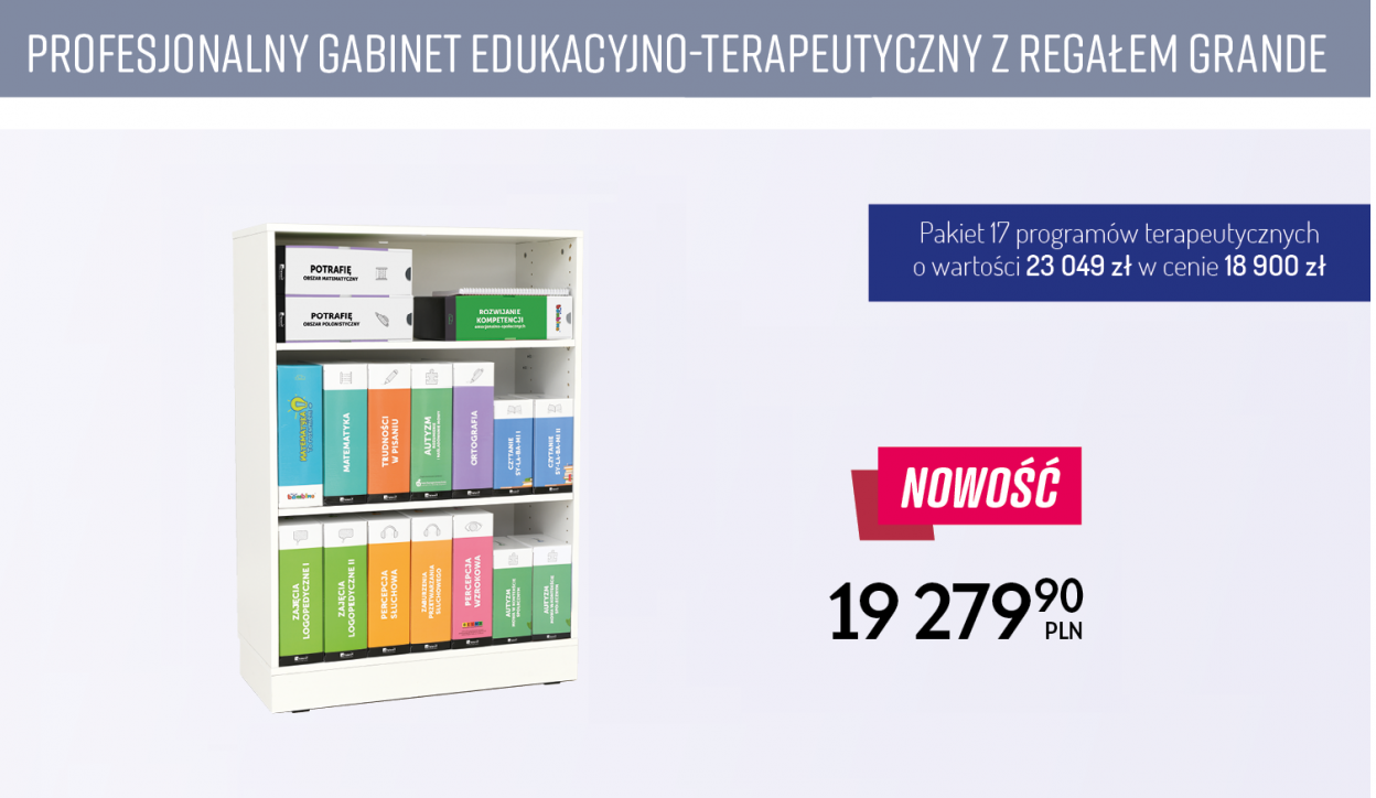 Pakiet profesjonalny gabinet edukacyjno-terapeutyczny z regałem grande od Moje Bambino. Oferta SPE w ramach programu Aktywna Tablica 2021