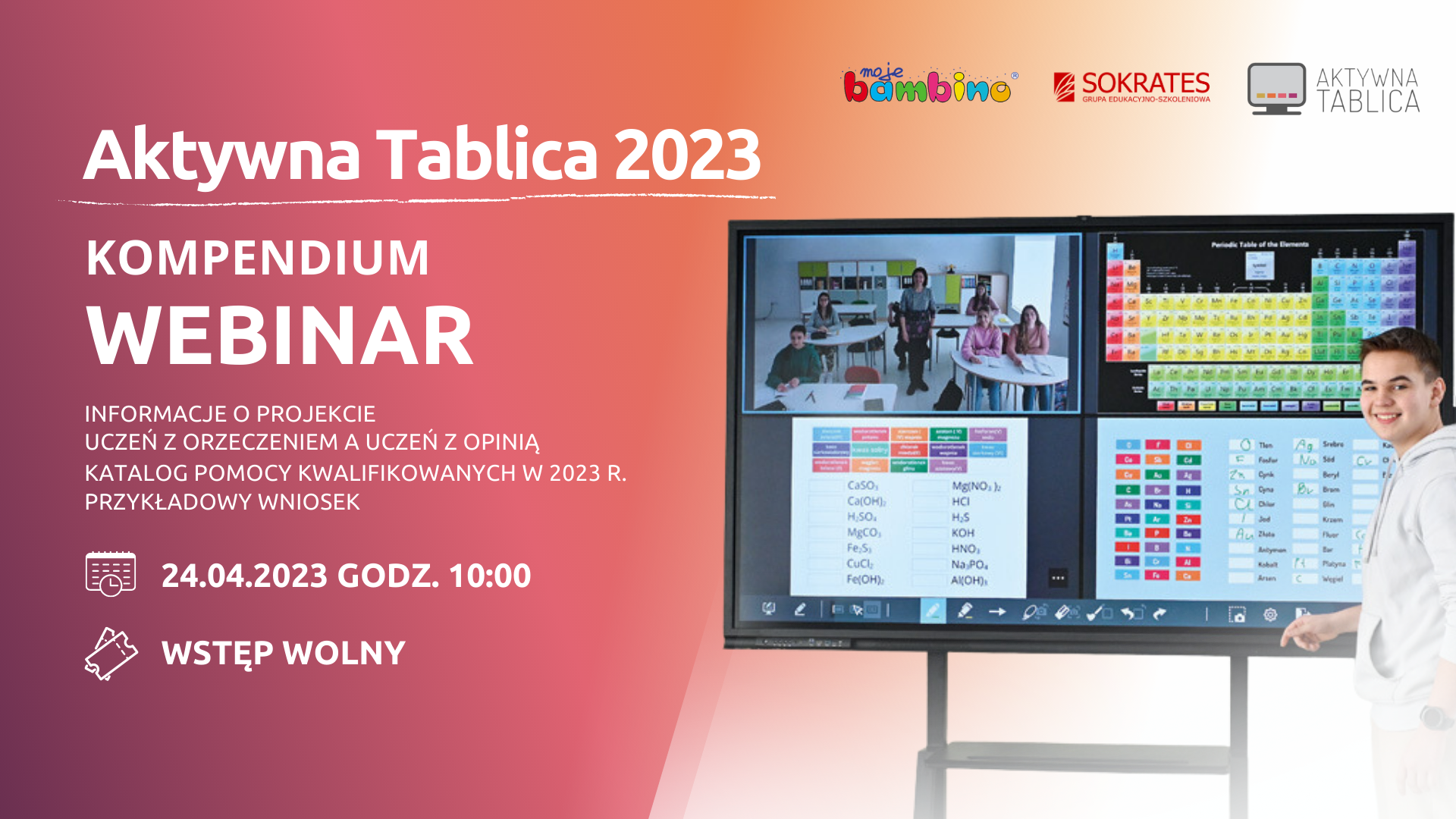 zaproszenie na webinar 24.04.2023 godzina 10:00 o porgramie aktywna tablica 2023