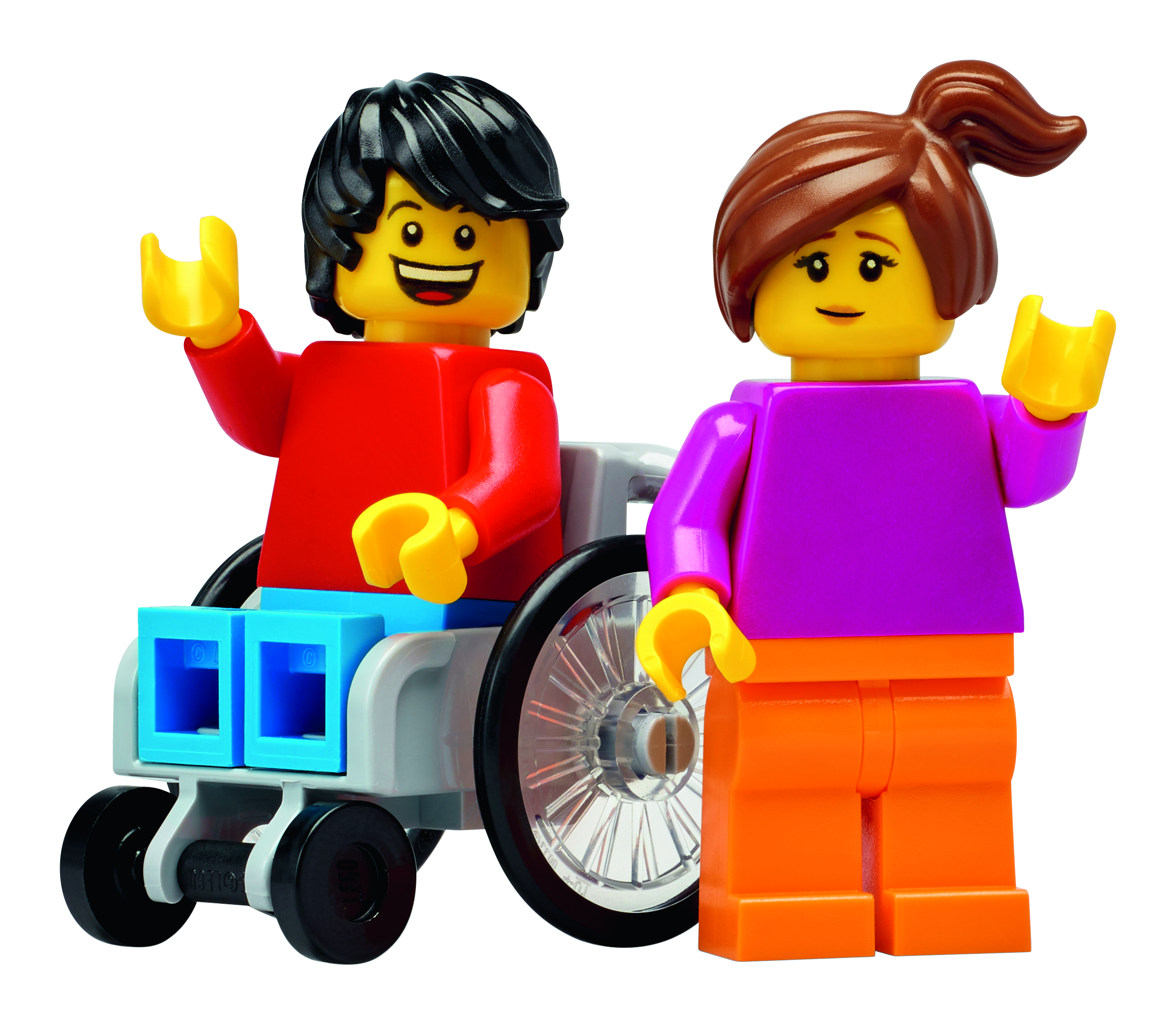Minifigurki z zestawu LEGO® Education SPIKE™ Essential, Daniel na wózku inwalidzkim i Maria