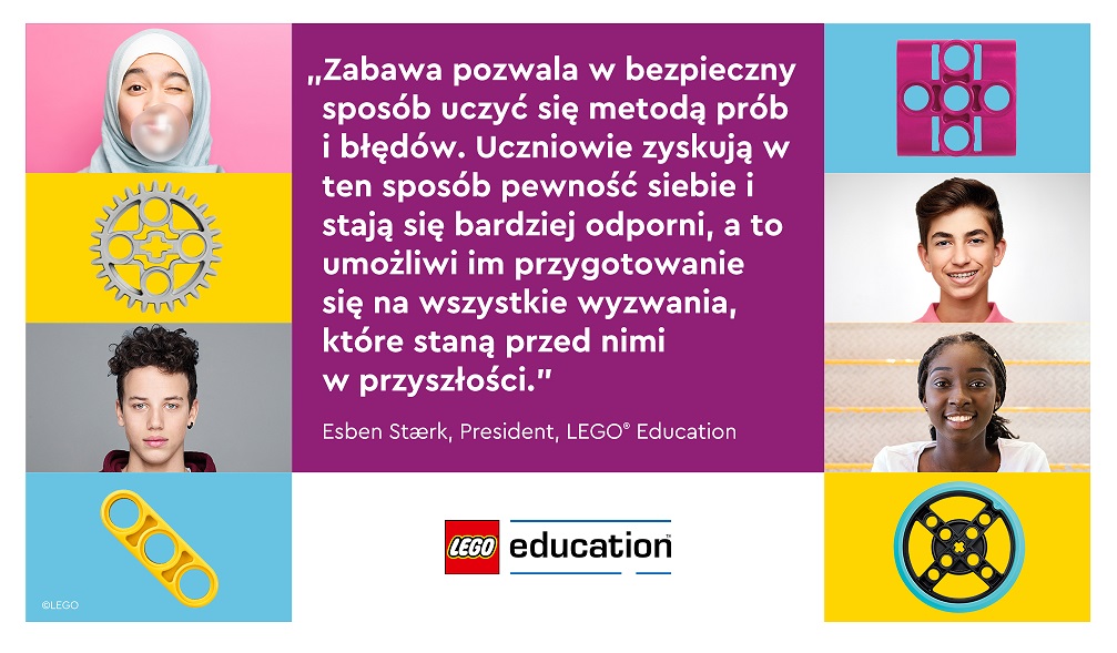 infografika z cytatem prezesa LEGO Education o nauce poprzez zabawę